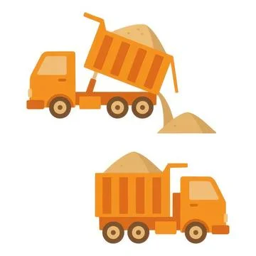 Construction dump trucks pouring sand in a construction site Stock Illustration