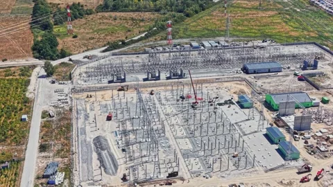 Construction of electrical substation in rural area Stock Footage 341331943