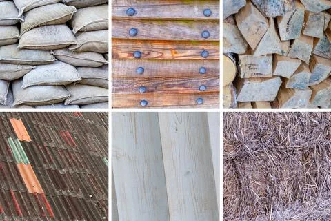 Construction elements roof, straw and log wall design Stock Photos