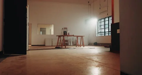 Construction, empty or remodeling with table, interior repair or development of Stock Footage 341566497