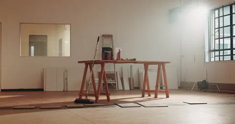 Construction, empty or remodeling with workbench, interior repair or development Stock Footage 341551787