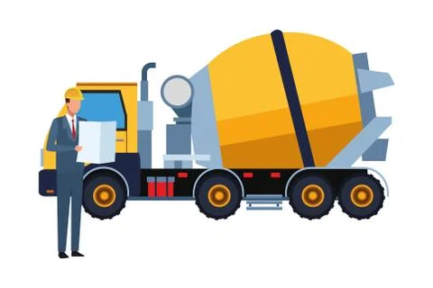 Construction engineer and cement truck colorful Stock Illustration