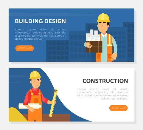 Construction Engineer and Civil Building with Man Builder Character in Yellow Stock Illustration