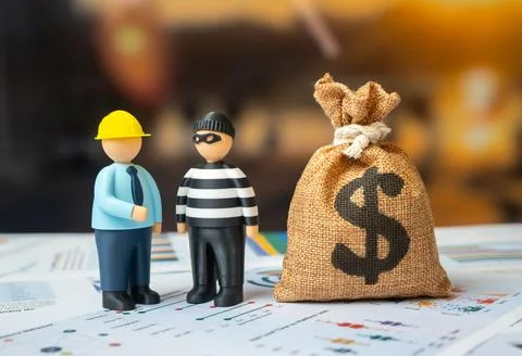 Construction engineer and criminal and dollar money bag. Illegal activity i.. Foto stock