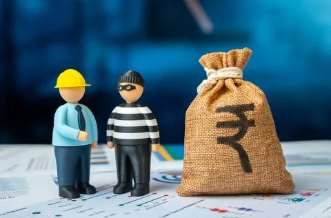 Construction engineer and criminal and indian rupee money bag. Bribery and .. Stock Photos
