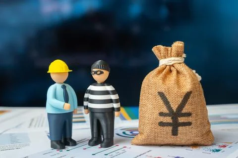 Construction engineer and criminal and yen or yuan money bag. Money launderin Foto stock