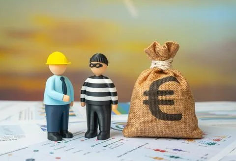 Construction engineer and criminal and Euro money bag. Money laundering. Co.. Fotos Stock