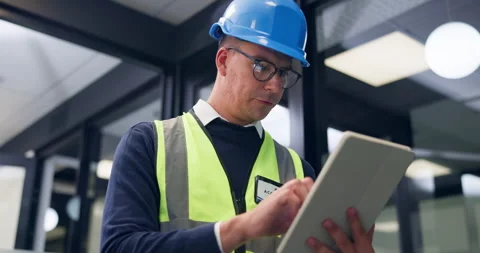 Construction, engineer and man on tablet in office for inspection, renovation Stock Footage 336221942