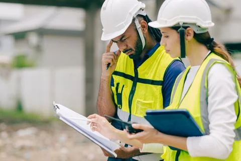 Construction engineer builder stressed solving problem meeting site auditor.. Stock Photos