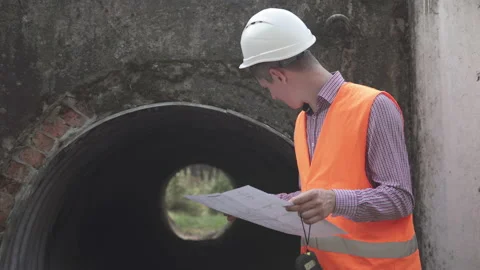Construction engineer checks the drawing at the facility Stock Footage 140660595