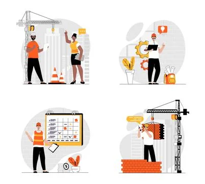 Construction engineer concept with character set. Collection of scenes people Stock Illustration