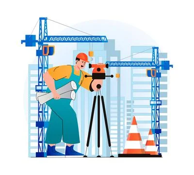 Construction engineer concept in modern flat design. Surveyor makes measurements Stock Illustration