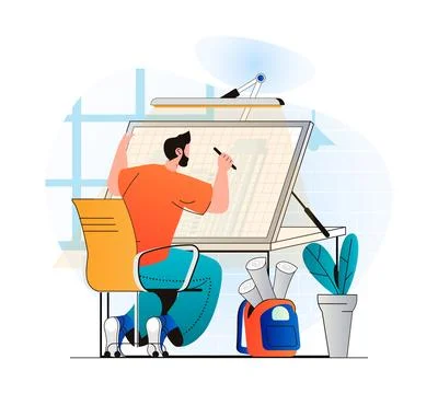 Construction engineer concept in modern flat design. Architect drawing blueprint Illustrazione stock