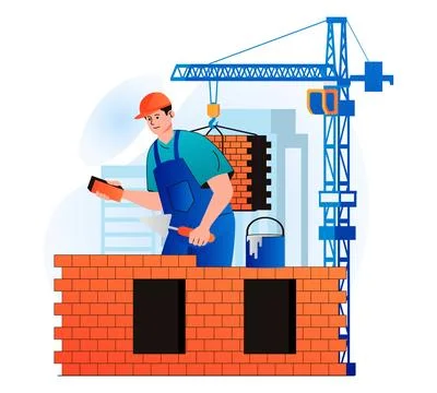 Construction engineer concept in modern flat design. Builder makes brickwork and Stock Illustration