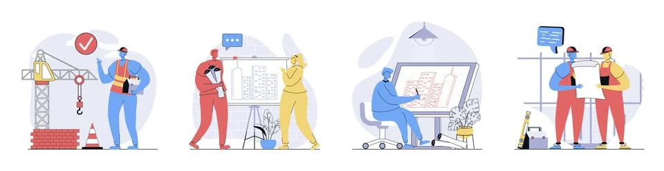 Construction engineer concept set in flat design for web. Collection with p.. イラスト素材