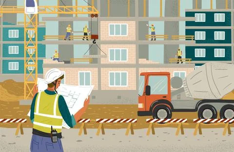 Construction engineer controls building process. Foreman organising construction Stock Illustration