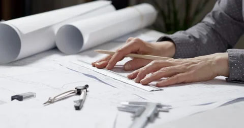 Construction engineer draws a sketch of the project with a pencil.  Video stock 158769110