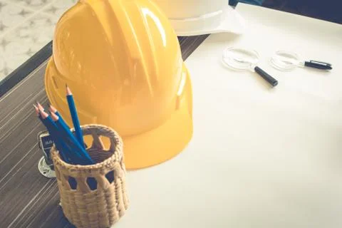 Construction Engineer equipment on the table. Equipment and device concept. C 写真素材