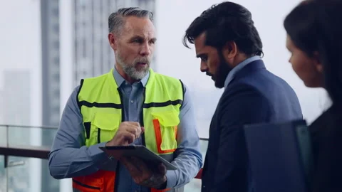Construction engineer foreman talking with businessman Stock Footage 237935169