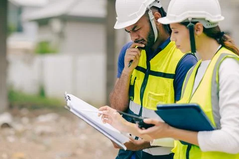 Construction engineer foreman thinking solving problem when talking with si.. Stock Photos