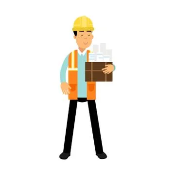 Construction engineer in hard hat and orange vest holding a box with building Stock Illustration