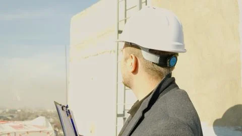 Construction engineer in hard hat standing outside, holding a tablet computer 스톡 사진