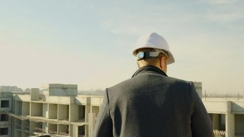 Construction engineer in a hard hat standing and looking at a tall building Stock Photos