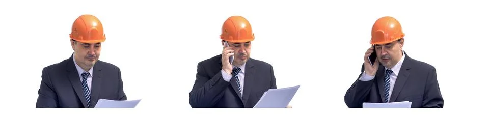 Construction Engineer in Hard Hat Talking on the Phone Фото