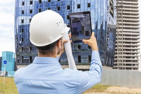 Construction engineer in helmet with the tablet pictures of objects on a cons Stock Photos