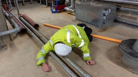Construction engineer in high visibility coat and hard hat has tripped over Stock Photos