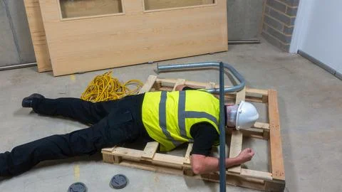 Construction engineer in high visibility vest and hard hat has tripped over Stock Photos