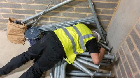 Construction engineer in high visibility vest and hard hat has passed out. Stock Photos