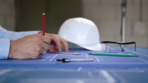 Construction engineer makes amendments to the layout of the building Stock Footage 161178660
