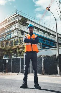 Construction, engineer man and portrait at building project for development and Stock Photos