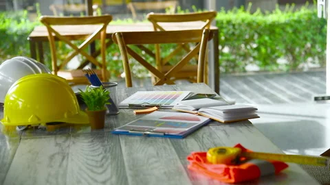 Construction engineer office desk architect workplace. engineer drawing objects  Stock Footage 205984836