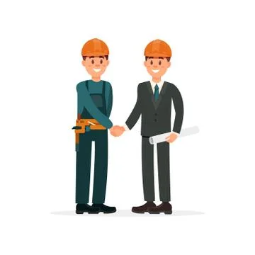 Construction engineer or architect and foreman in hardhats shaking hands vector Stock Illustration
