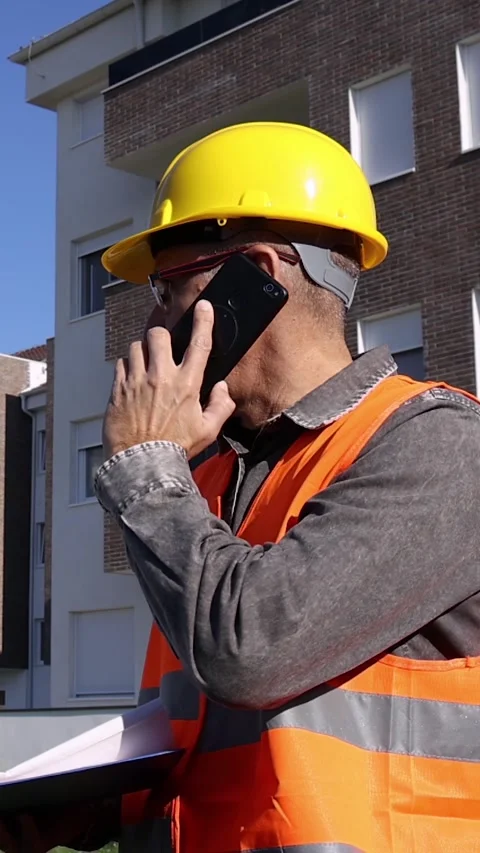 Construction Engineer on Phone Checking Blueprint at Construction Site Stock Footage 313036895