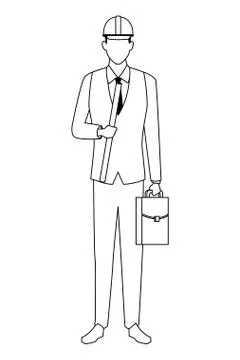 Construction engineer with plans and briefcase in black and white Stock Illustration