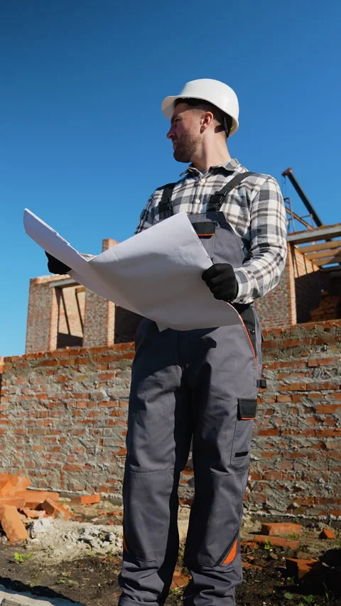 Construction Engineer Reviewing Blueprints at Building Site Stock Footage 297309972
