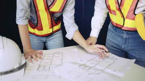 Construction Engineer, on-site planning, interior view work before decoration Stock Footage 157316462