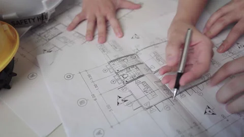 Construction Engineer, on-site planning, interior view work before decoration Stock Footage 157760744