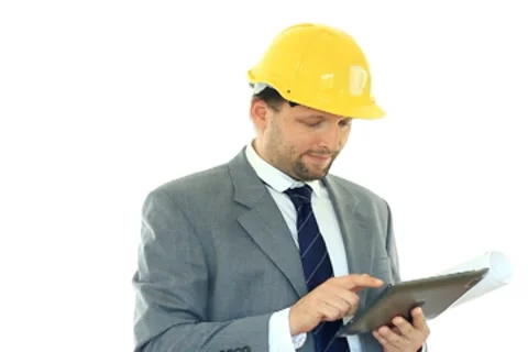 Construction engineer with tablet computer smiling, isolated on white NTSC Stock-Footage 8552987