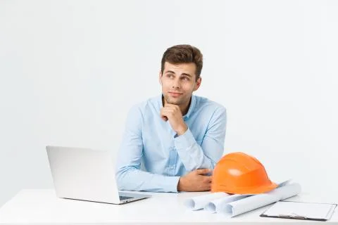 Construction engineer thinking, problem solving and solutions concept Stock Photos