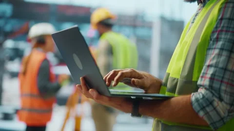 Construction engineer using laptop computer at busy building site with work.. Stock Footage 337546663