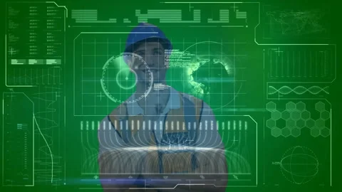 Construction engineer wearing hard hat holding microphone in control hub, Stock Footage 307884309