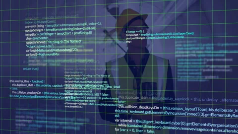 Construction engineer wearing yellow helmet and vest, examining floating code, Stock Footage 307885451