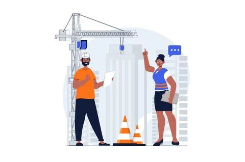 Construction engineer web concept with character scene. Woman and man creat.. Stock Illustration