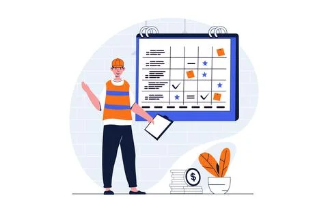 Construction engineer web concept with character scene. Man creating plan a.. Stock Illustration