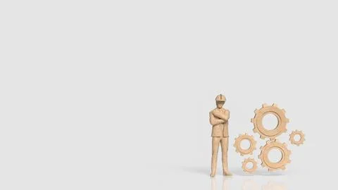 Construction Engineer with Wooden Gears Representing Industrial Teamwork 3d.. Stock Illustration