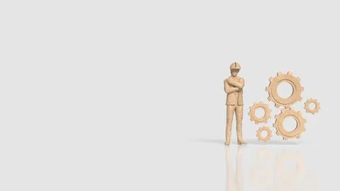 Construction Engineer with Wooden Gears Representing Industrial Teamwork 3d.. Stock Illustration